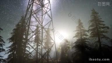 在星空下,天文发射器在森林中<strong>接收信号</strong>